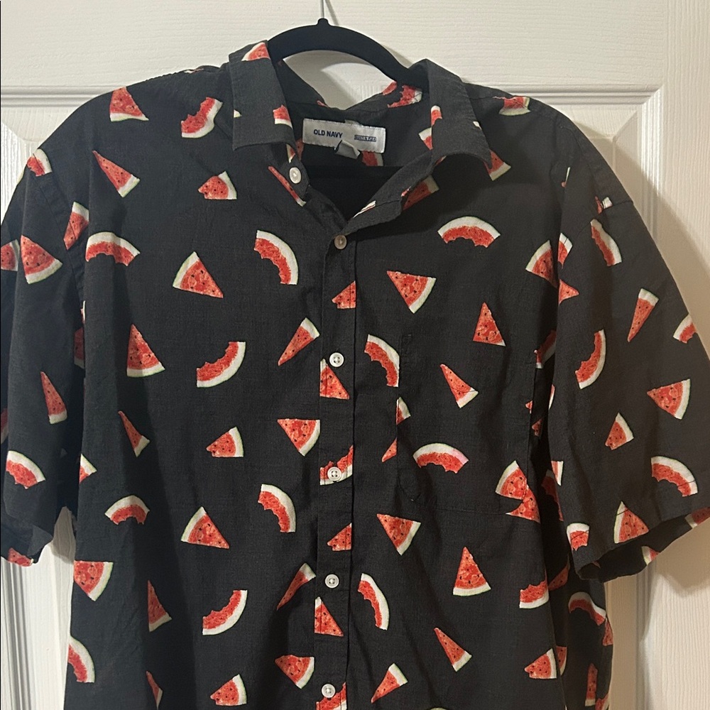 Old Navy Black Short-Sleeve Button-Down Shirt with Watermelon Print